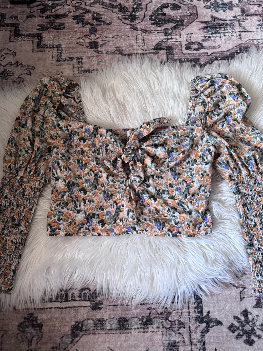 Blush Floral Tie-Front Puff Sleeve Crop Top